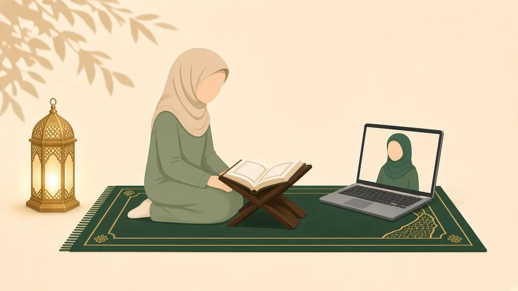 Adult student reading the Quran on a rehal during an online class with a female teacher