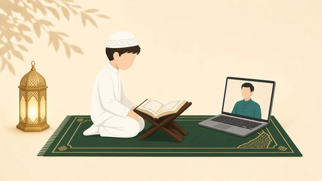 A child reading the Quran on a rehal during an online lesson with a teacher