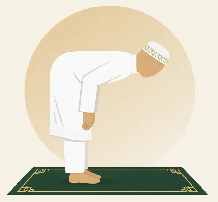 Illustration of a person in ruku with a straight, level back and hands on the knees