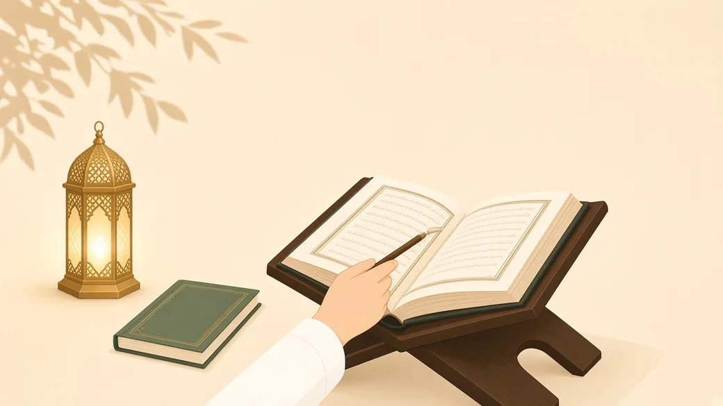 Student following the lines of the Quran with a pointer during a Nazra lesson
