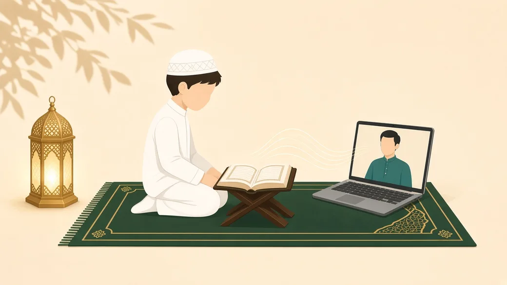 Child reciting the Quran to an online teacher in a Tajweed class